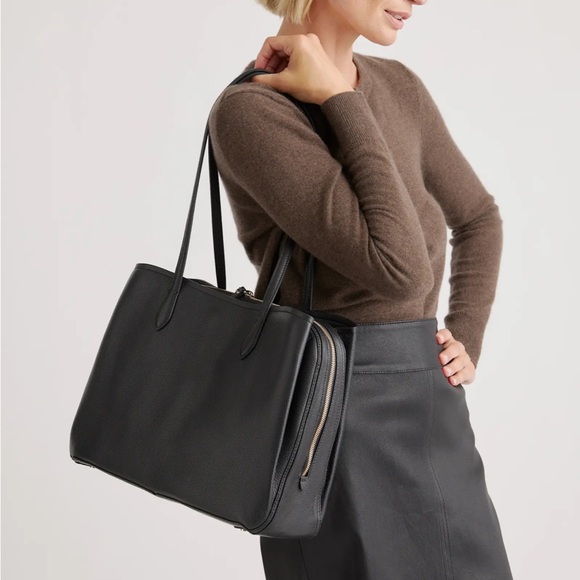 QUINCE Italian Black Leather Triple Compartment Work Bag - Picture 3 of 13